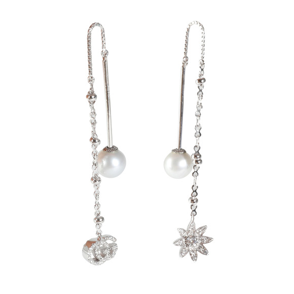 Gucci Flora Diamond & Pearl Threader Earrings in 18k White Gold 0.24 CTW - Picture 1 of 3